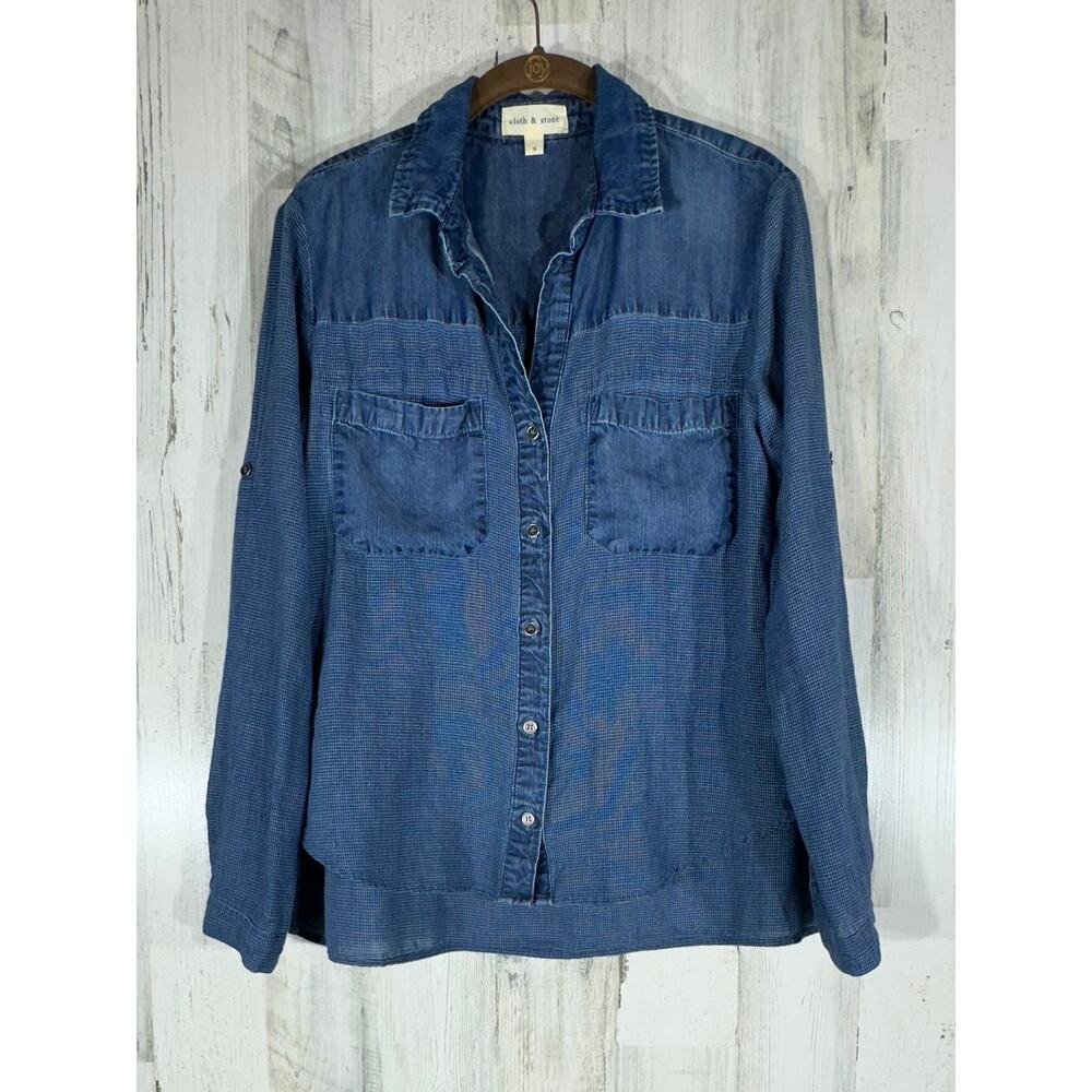 Cloth & Stone Button Up Chambray Top Size Small Mixed Media Semi Sheer High Low